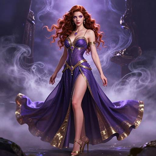 Digital art of a red-haired woman in a purple, gold-embellished, flowing dress, standing confidently with smoky, mystical background.