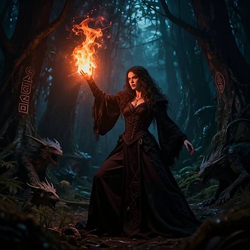 Digital fantasy artwork of a dark-haired woman in a black, medieval-style dress, conjuring fire in a mystical, moonlit forest.