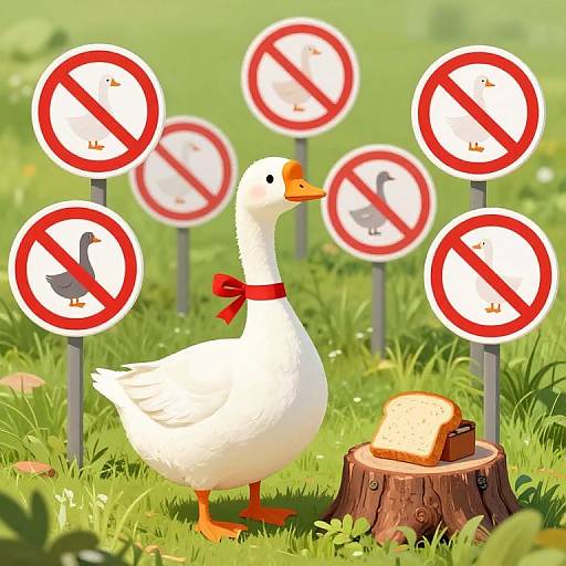 Digital illustration of a white goose with an orange beak and red ribbon, standing on grass near a tree stump with bread, surrounded by six 