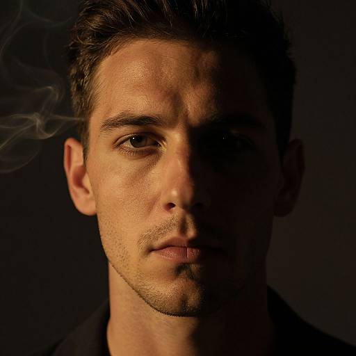 Close-up photograph of a serious, handsome man with short dark hair, half-lit face, and a faint wisp of smoke to the left.