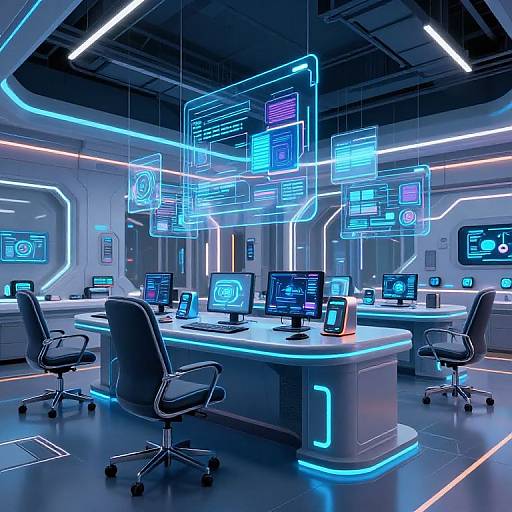 High-tech control room with neon blue glowing interfaces, multiple monitors, ergonomic chairs, and illuminated desks in a futuristic setting.