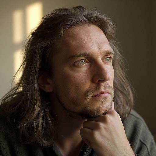 Photograph of a contemplative man with long brown hair, light green eyes, and a slight stubble, resting his chin on his hand, softly