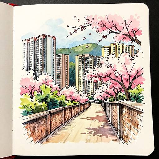 Colorful digital drawing of a cityscape with tall buildings, pink cherry blossoms, and a brick-paved pathway, framed by a white border.