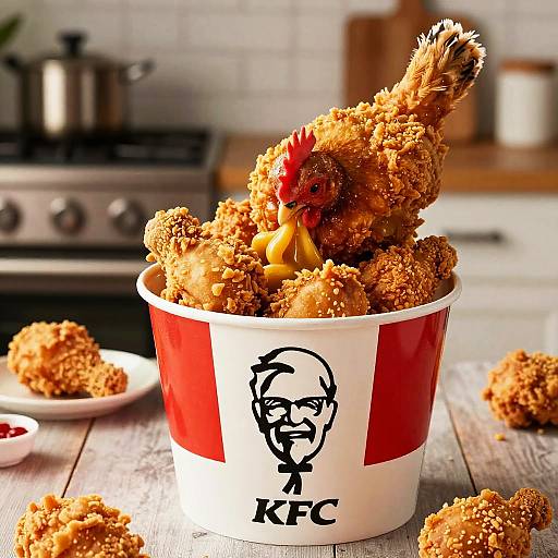 Photorealistic Chicken Enjoying KFC Bucket