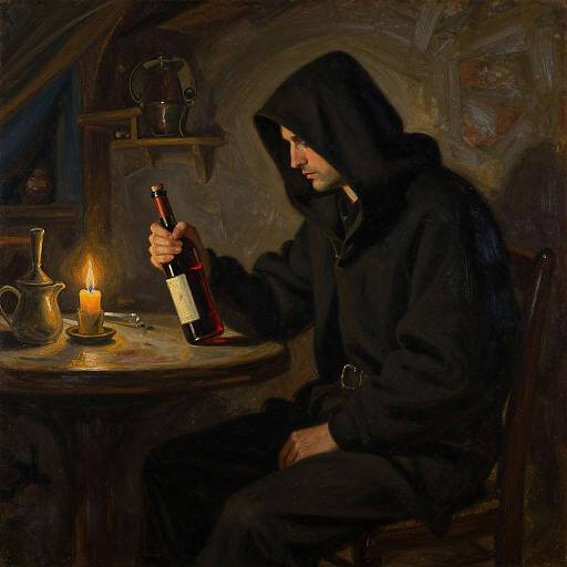 Darkly lit painting of a hooded man in black, holding a wine bottle, sitting by a candlelit wooden table.