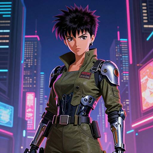 Digital anime-style drawing of a determined woman with spiky black hair, wearing a green jumpsuit and metallic armor, standing in a neon-lit futuristic