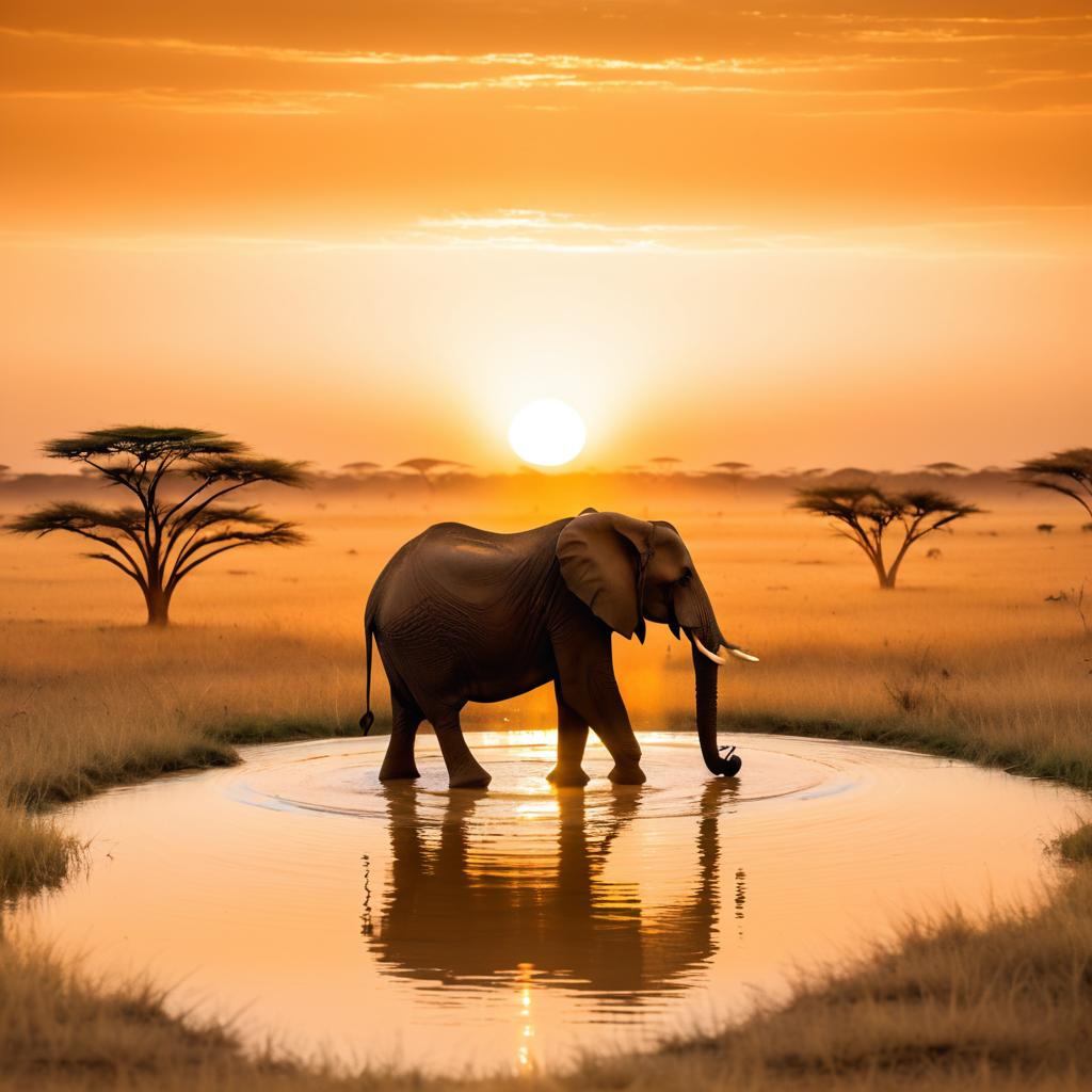 Serene Elephant Bathing at Sunset