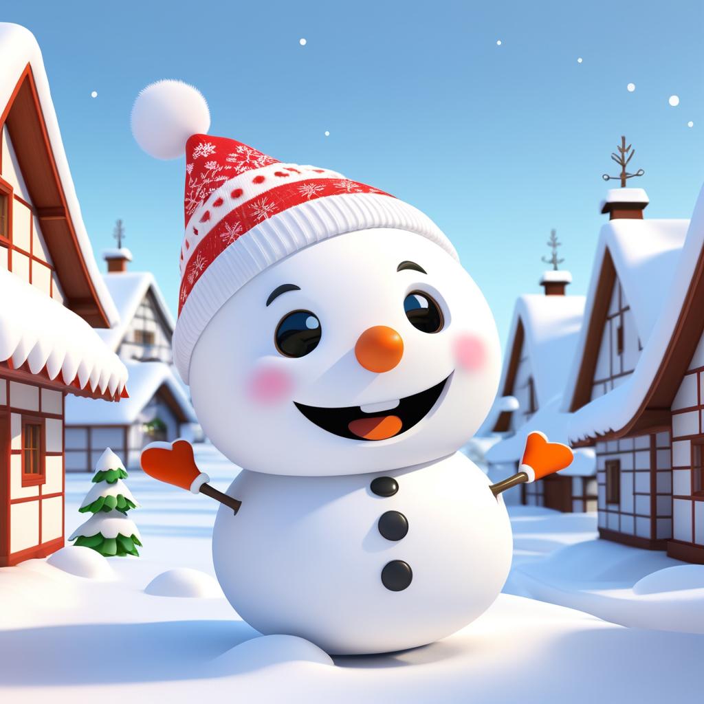 Cheerful Kawaii Snowman in Winter Wonderland