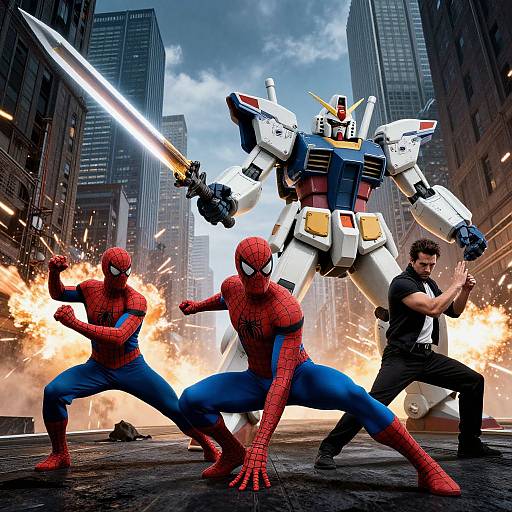 Photograph-style CGI: Two Spider-Man suits, one human, one robot, wielding light sabers, in dynamic stances amidst city explosion, tall
