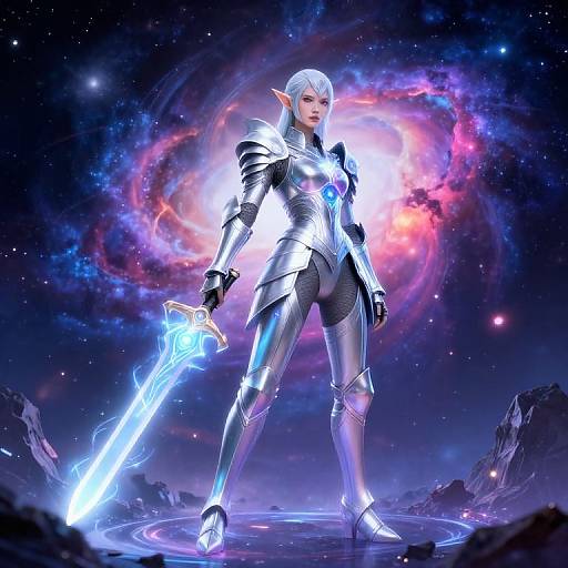 Digital artwork of a silver-armored, elven warrior with glowing blue sword, standing in a cosmic, nebula-filled background. Elegant, futuristic armor