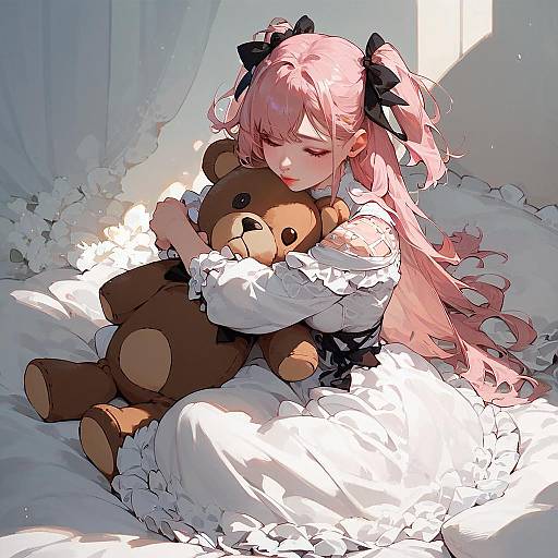 Anime Girl with Teddy Bear in Bed