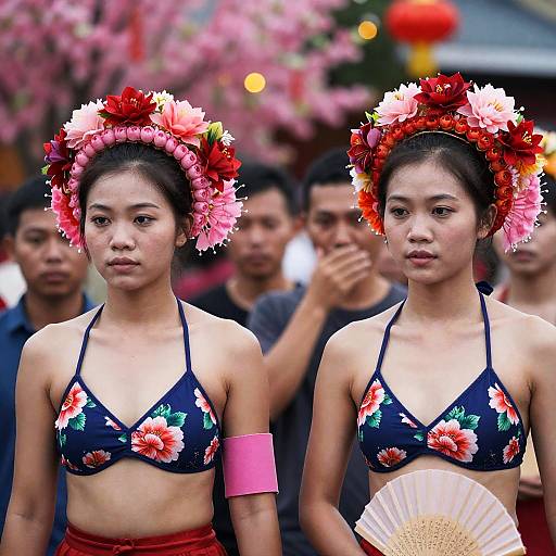 Elegant Floral Women Amidst a Crowd