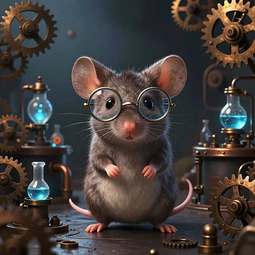 CGI image of a cute, gray, furry mouse with large round glasses, standing amidst glowing blue flasks and brass gears.