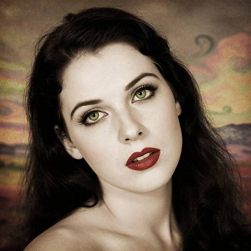 Photograph of a pale-skinned woman with green eyes, dark red lipstick, and long black hair against a blurred, colorful sunset background.