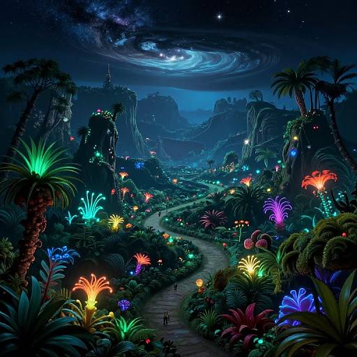 Vibrant, neon-lit jungle night scene with glowing flowers, winding path, tall palm trees, and a swirling moonlit sky. Digital art