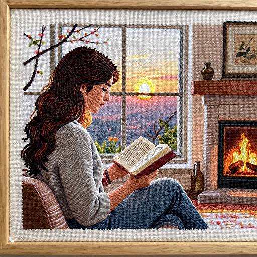 Cozy Woman Reading by Fireplace