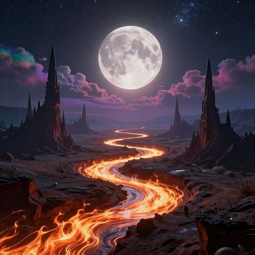 Digital fantasy artwork of a glowing river of lava winding through a dark, starry landscape with gothic spires under a full moon.