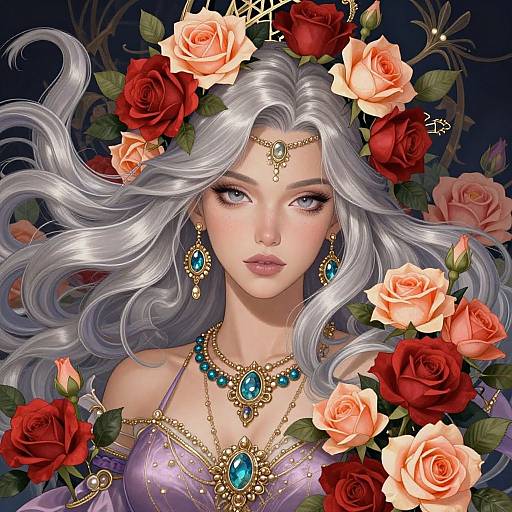 Digital art of an ethereal woman with silver hair, adorned with a floral crown, wearing a lavender dress and turquoise jewelry, surrounded by red and peach
