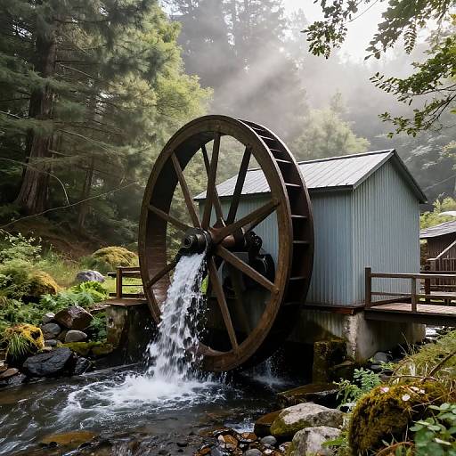 Photograph of a rustic, blue metal shed with a large, wooden waterwheel in a lush, misty forest, water cascading from the wheel