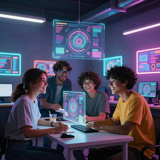 Photograph of four young, smiling tech enthusiasts with curly hair, neon-lit workspace, glowing screens, and colorful digital interfaces, seated around a table