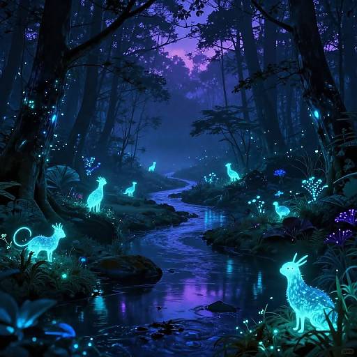 Digital artwork of a mystical forest at night, illuminated by glowing blue and purple bioluminescent deer and fireflies along a reflective stream.