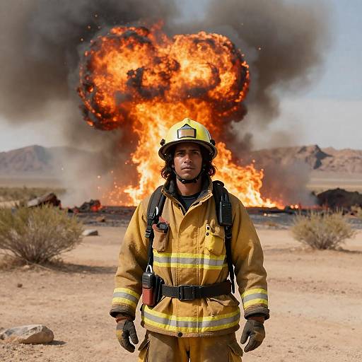 Desert Firefighter Amid Fiery Explosion
