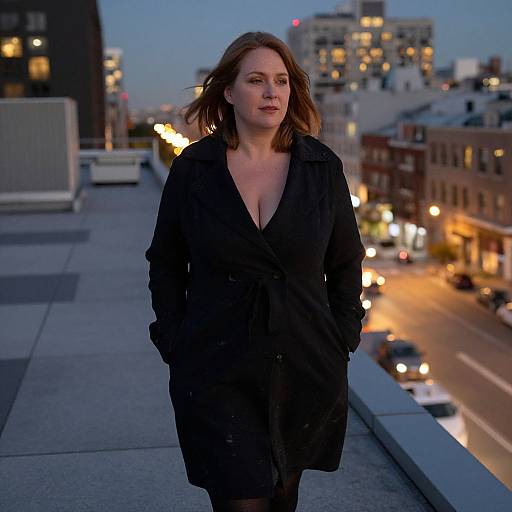 Photograph of a woman with light brown hair, wearing a black coat with a deep V-neck, walking on a city rooftop at twilight, with illuminated
