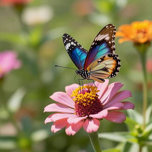 Photograph of a vibrant blue and black butterfly with orange and white spots, perched on a pink daisy with a yellow center, surrounded by blurred