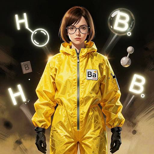 Digital artwork of a serious young woman with glasses, wearing a yellow hazmat suit, black gloves, and name tag 