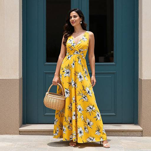 Photograph of a smiling woman with long dark hair, wearing a yellow floral dress, holding a wicker basket, standing in front of a blue door