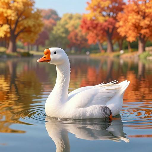 Photograph of a white goose with an orange beak floating in a serene, reflective lake surrounded by vibrant autumn trees.