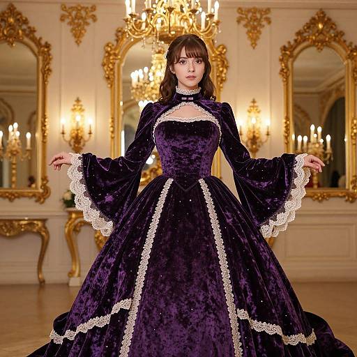 Photograph of a fair-skinned woman with brown hair in a full, purple velvet gown with white lace trim, standing in an ornate, gold