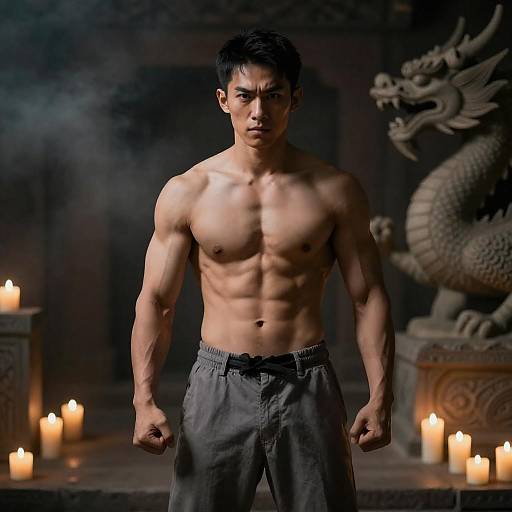 Intense Asian Warrior in Dim Lighting