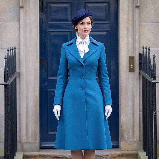 Photograph of a poised woman in a blue knee-length coat, white shirt, gloves, and black hat, standing in front of a dark wooden door