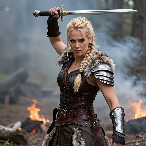 Blonde warrior woman with braided hair, armor, and fur, holds sword high, standing amidst smoky forest battlefield with fires in background. Photograph