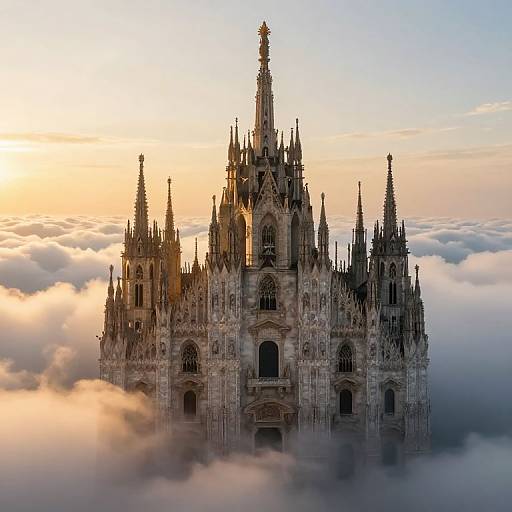 Photorealistic digital artwork of a Gothic-style castle silhouetted against a sunset sky, surrounded by floating clouds, creating a dreamy, eth
