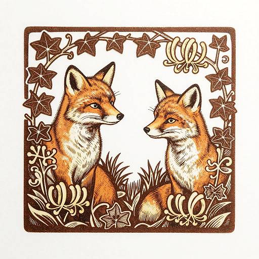 Illustration of two red foxes sitting side by side, surrounded by intricate brown foliage and vines in a square frame.
