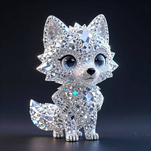 CGI image of a cute, transparent crystal wolf with large, blue eyes and intricate diamond-like facets, set against a dark blue background.