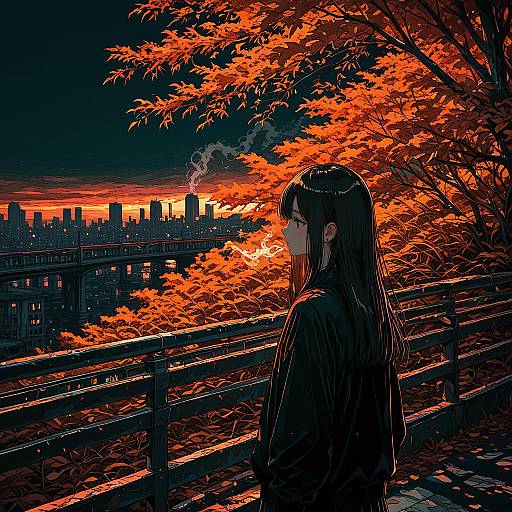 Anime Boy Standing at Autumn Sunset Overlooking Cityscape
