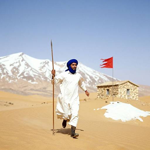 Photograph of a man in white traditional attire and blue headscarf, holding a spear, walking in a desert with snow-capped mountains and a