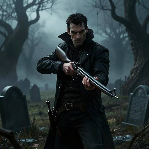 Cinematic Vampire Hunter in Foggy Victorian Graveyard
