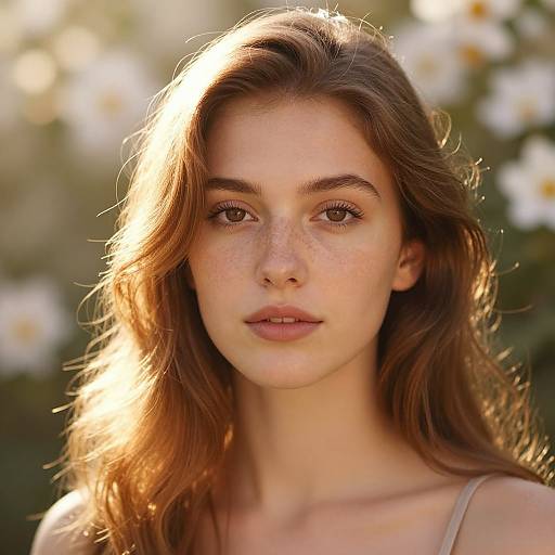 Photograph of a young, fair-skinned woman with long, wavy brown hair, freckles, and brown eyes, wearing a beige top