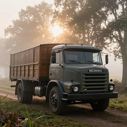 Photograph of a vintage, dark green Scania truck with a wooden cargo bed, driving on a dirt road at sunrise, surrounded by misty trees