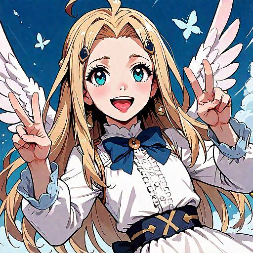 Anime-style digital drawing of a blonde girl with blue eyes, angel wings, and a white dress with a blue bow, making a peace sign with a