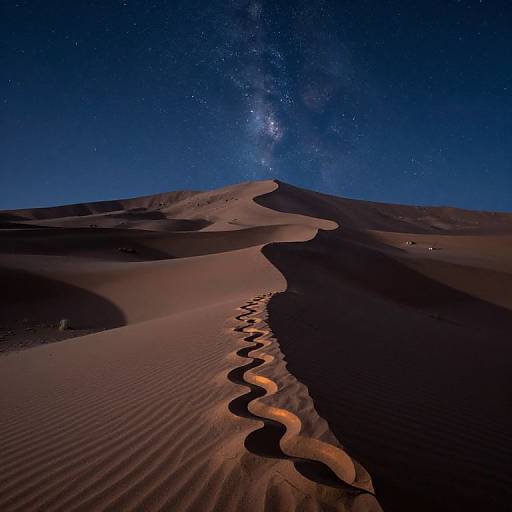 Photograph of a starry night sky over rippled sand dunes with a winding shadow trail leading up a central dune.