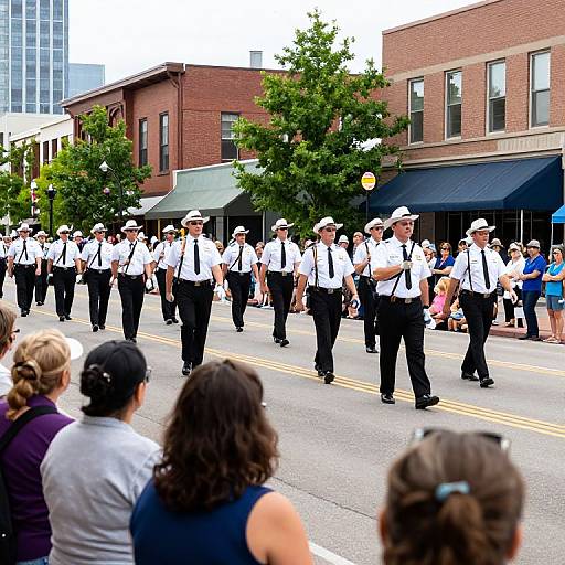 Photograph of a street parade featuring uniformed male marchers in white shirts and black pants, watched by spectators on a sunny urban street.