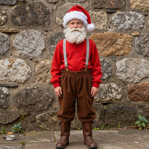 Boy in Grandpa Santa Costume by Stone Wall