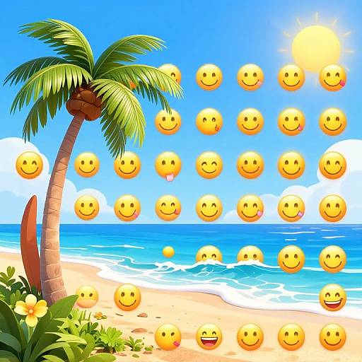 Digital illustration of a sunny beach with a palm tree, blue sky, smiling yellow emojis floating above the ocean and sand.