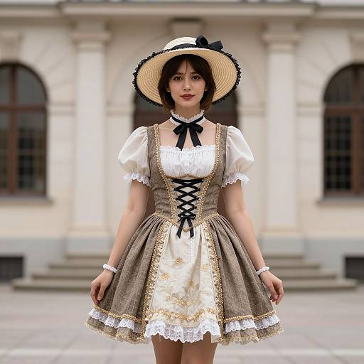 Digital illustration of a young woman in a vintage-style brown dress with white lace, black corset, white puffed sleeves, and a wide-brim