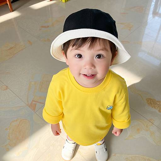 Photograph of a cute toddler with light skin, brown hair, wearing a black and white bucket hat, yellow shirt, and white shoes, standing on